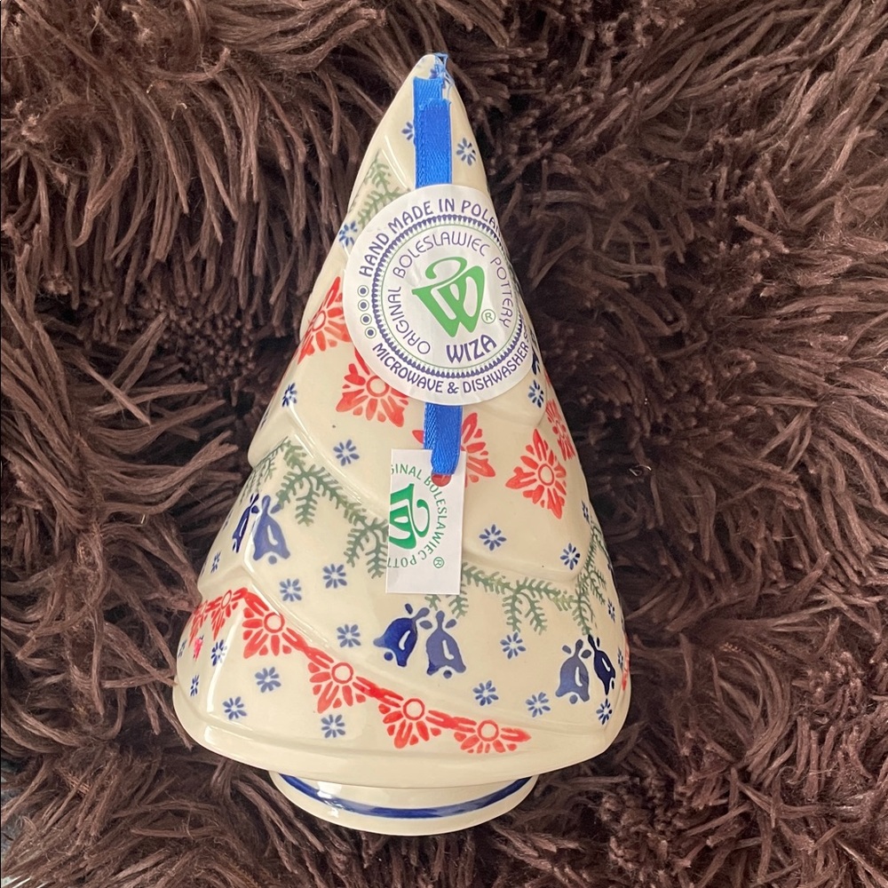 Boleslawiec Wiza Handmade Festive Ceramic Tree Ornament/decor Cream, Blue, Red8”